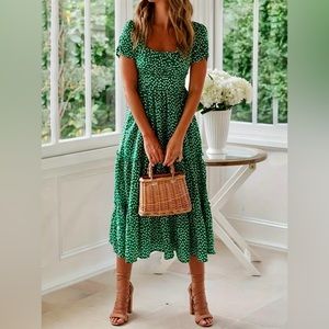 Green Spring Floral Polka Dot Maxi Dress